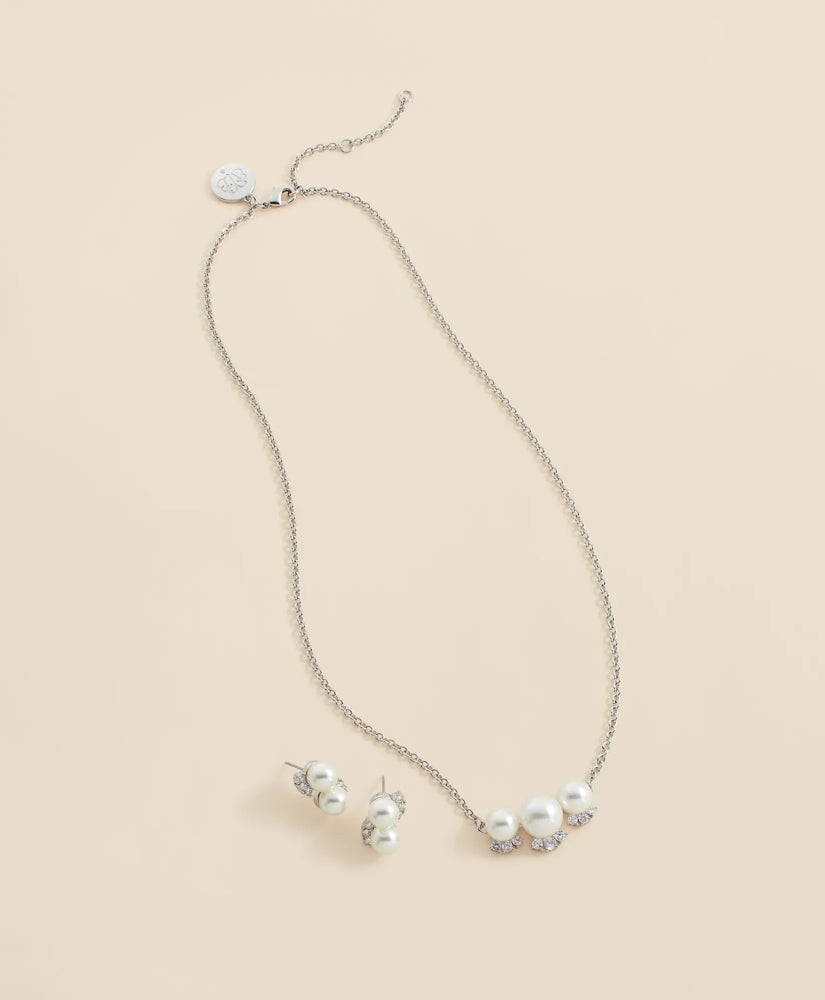 Faux Pearl Cubic-Zirconia Cluster Necklace and Earrings Set