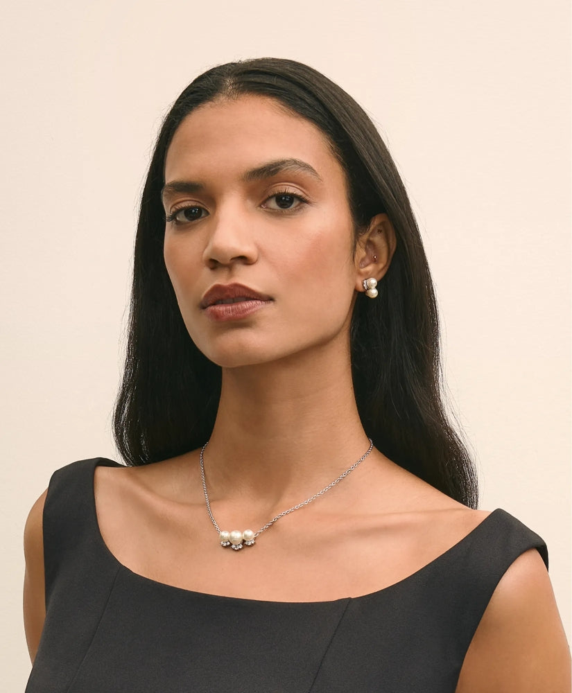 Faux Pearl Cubic-Zirconia Cluster Necklace and Earrings Set