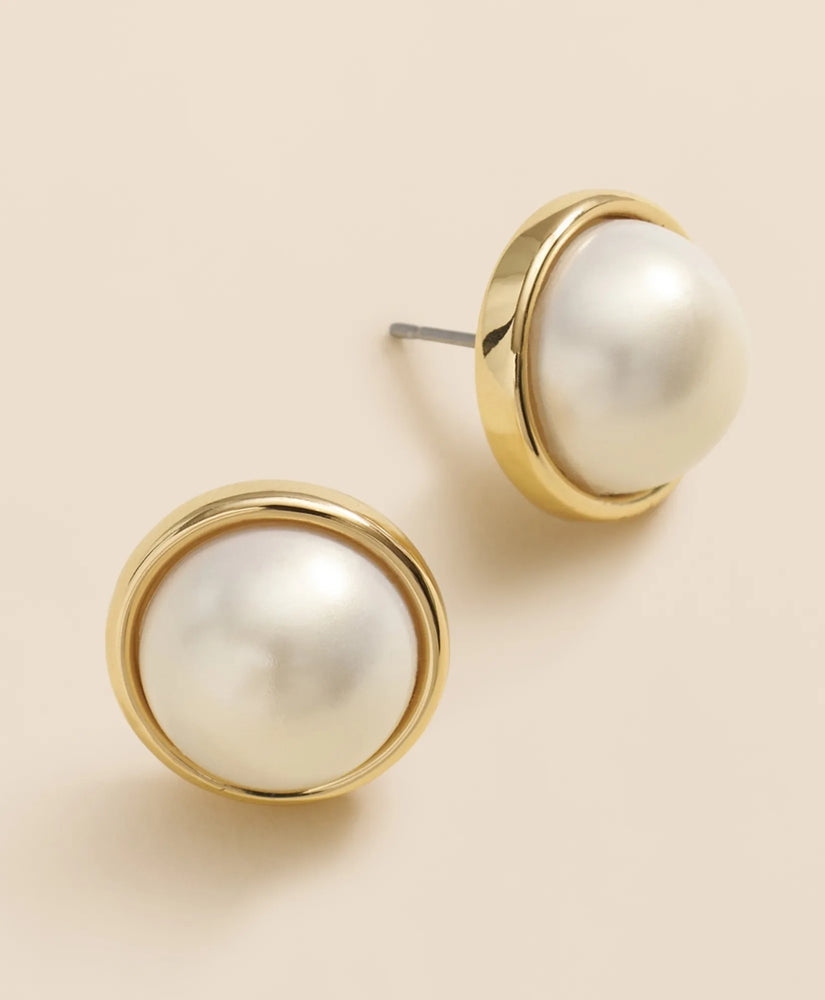 Faux-Pearl Gold-Plated Smooth Bezel Stud Earrings