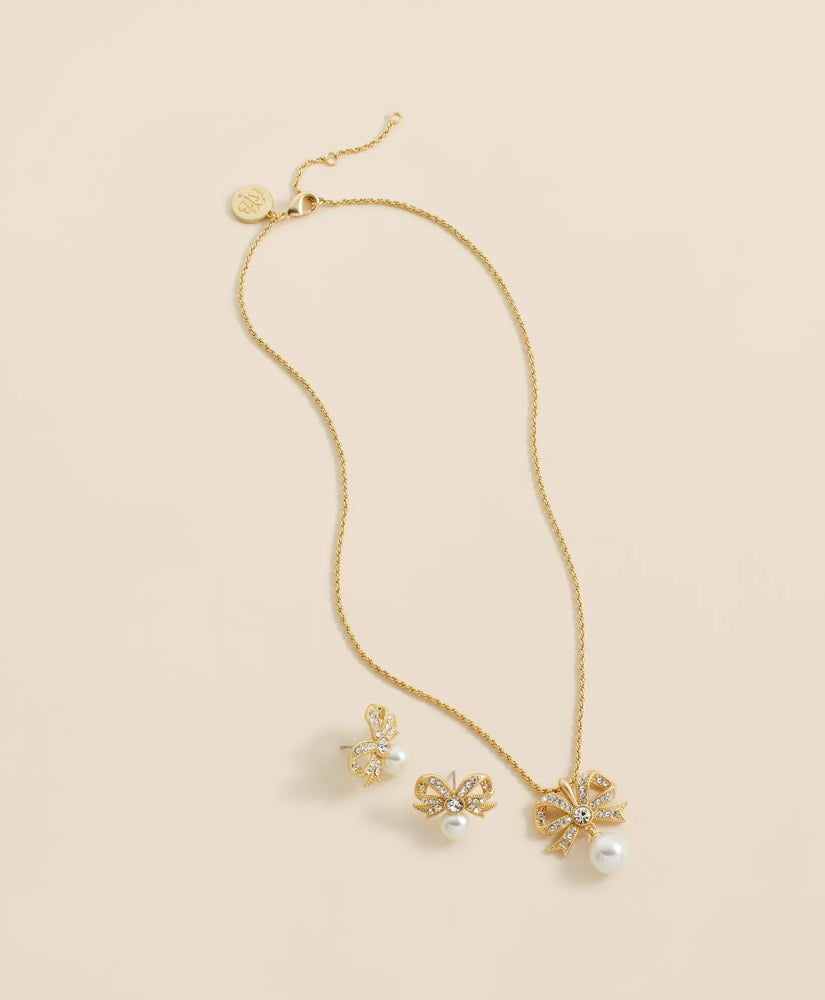 Faux Pearl & Crystal Pave Bow Pendant and Earrings Set