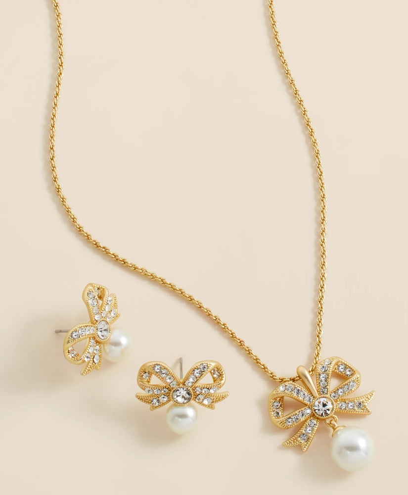 Faux Pearl & Crystal Pave Bow Pendant and Earrings Set