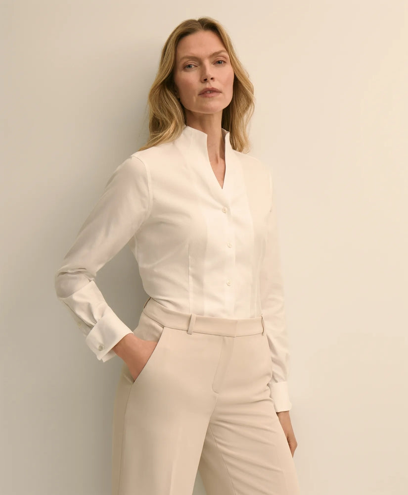 Fitted Funnel Neck Shirt in Non-Iron Royal Oxford Cotton
