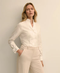 Fitted Funnel Neck Shirt in Non-Iron Royal Oxford Cotton