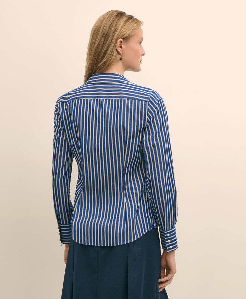Fitted Supima® Cotton Striped Dress Shirt with Faux Pearl Button Detail