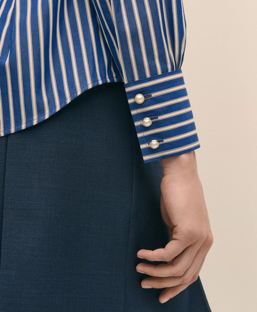 Fitted Supima® Cotton Striped Dress Shirt with Faux Pearl Button Detail