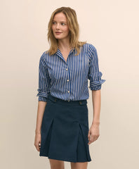 Fitted Supima® Cotton Striped Dress Shirt with Faux Pearl Button Detail