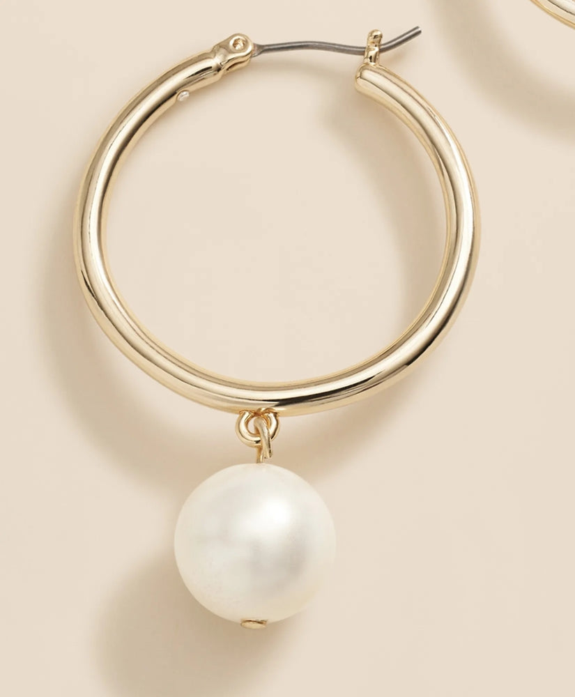 Gold-Tone Faux-Pearl Drop Hoop Earrings