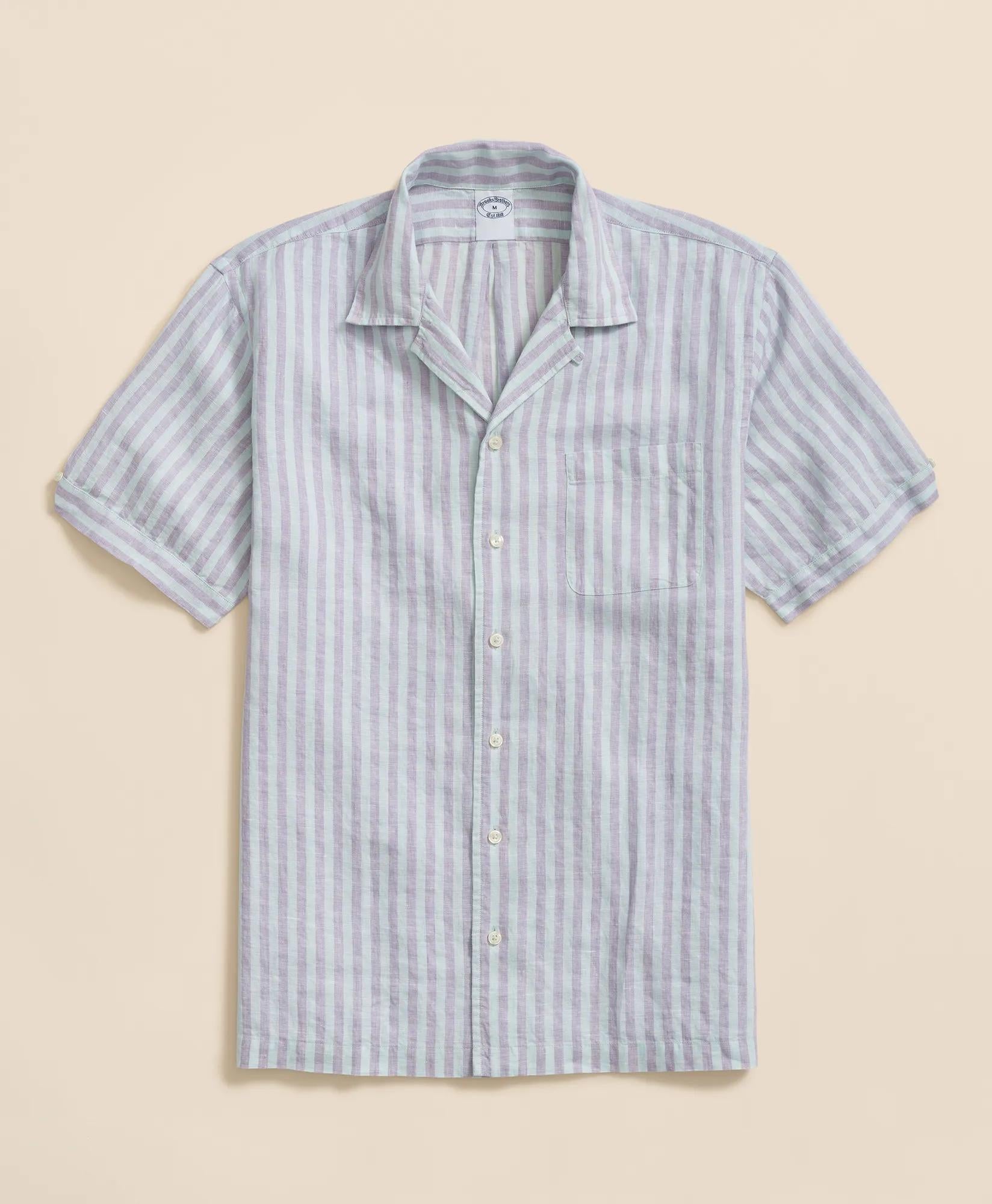 Irish Linen Camp Collar, Striped Short-Sleeve Shirt