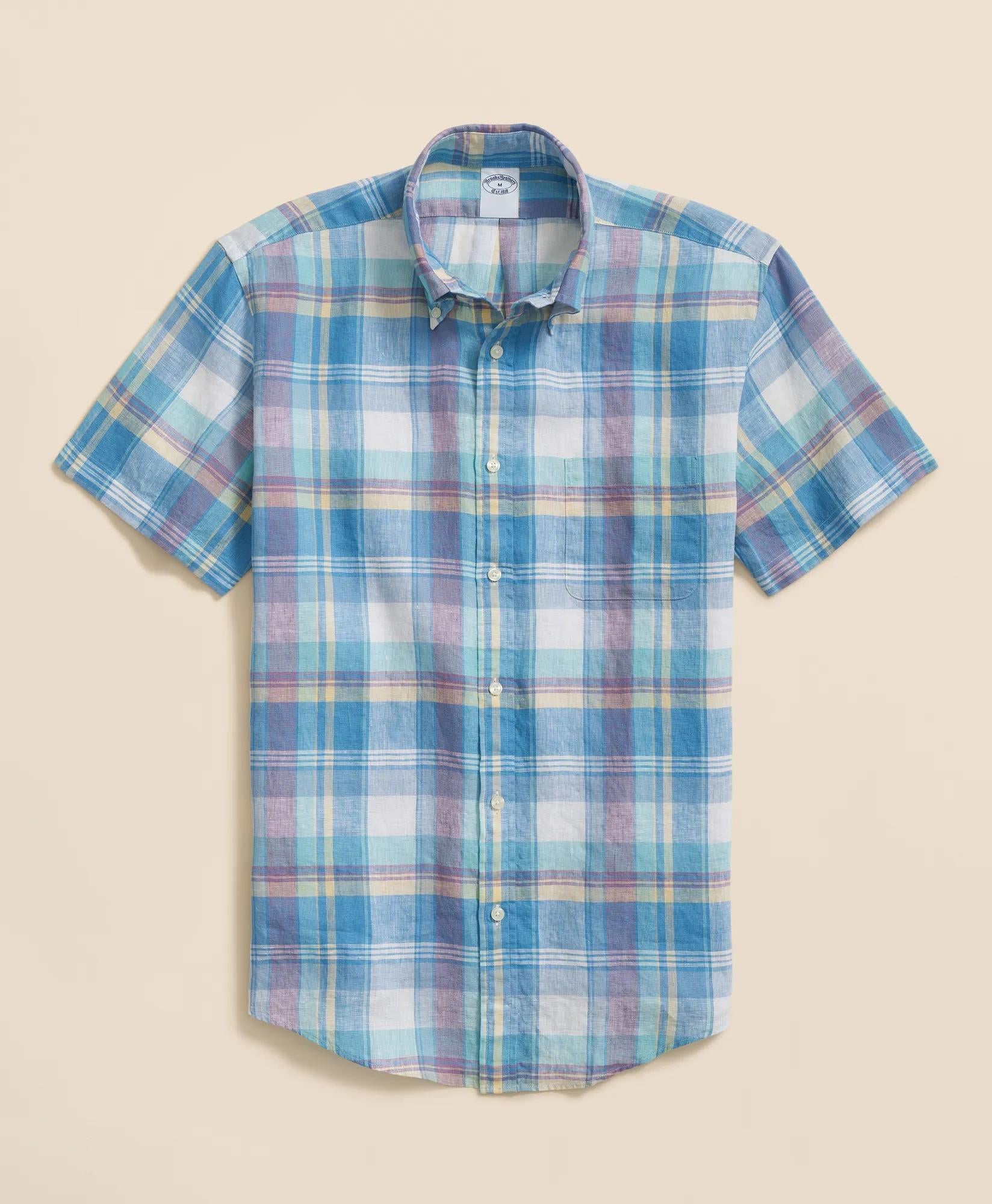 Irish Linen Polo Button Down Collar, Checked Short-Sleeve Shirt