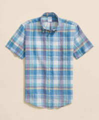 Irish Linen Polo Button Down Collar, Checked Short-Sleeve Shirt