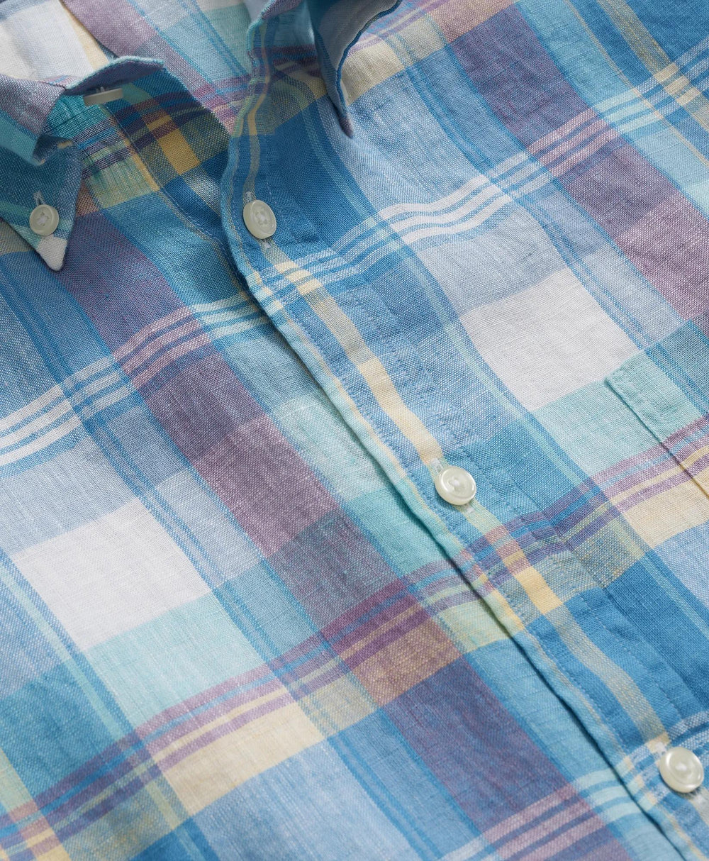 Irish Linen Polo Button Down Collar, Checked Short-Sleeve Shirt