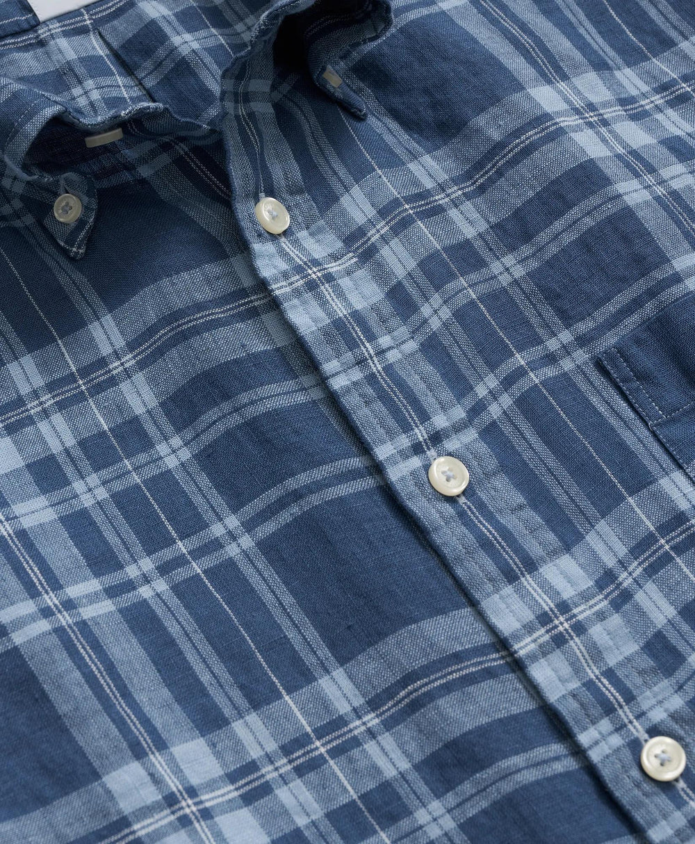Irish Linen Polo Button Down Collar, Plaid Short-Sleeve Shirt