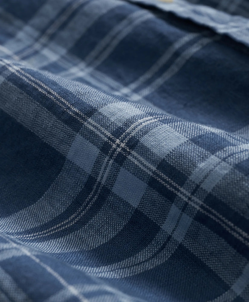 Irish Linen Polo Button Down Collar, Plaid Short-Sleeve Shirt
