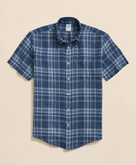 Irish Linen Polo Button Down Collar, Plaid Short-Sleeve Shirt