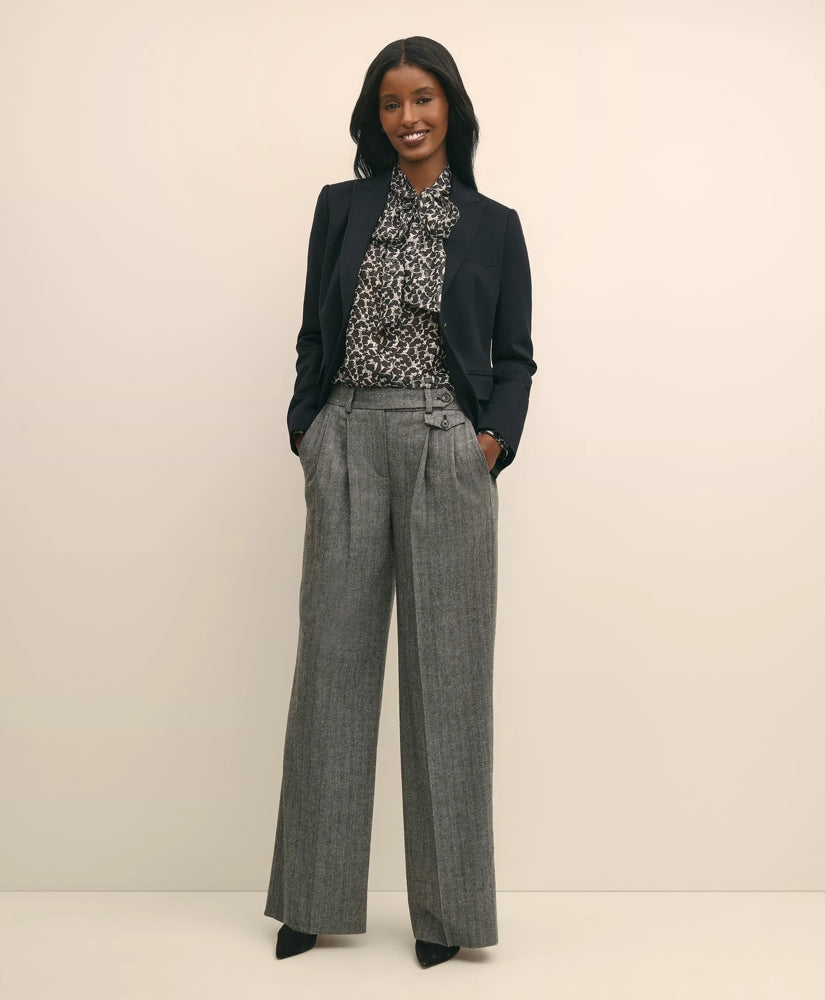 Leaf-Print Jacquard Bow-Neck Blouse