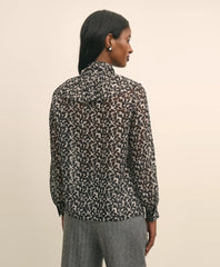 Leaf-Print Jacquard Bow-Neck Blouse