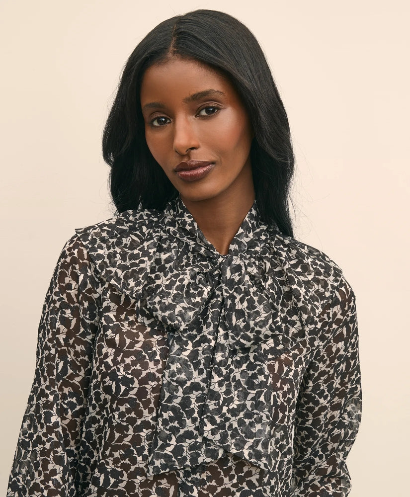 Leaf-Print Jacquard Bow-Neck Blouse