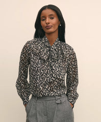 Leaf-Print Jacquard Bow-Neck Blouse