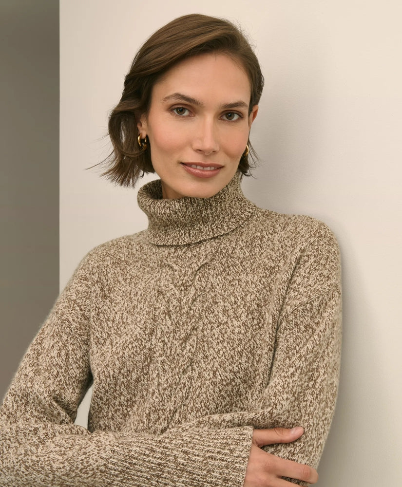 Merino Wool Blend Marled Cable-Knit Turtleneck Sweater