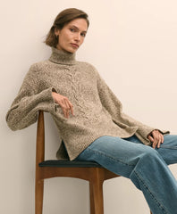 Merino Wool Blend Marled Cable-Knit Turtleneck Sweater