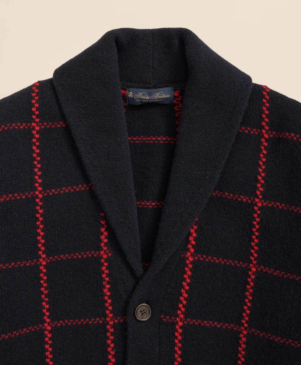 Merino Wool Windowpane Intarsia Shawl-Collar Cardigan