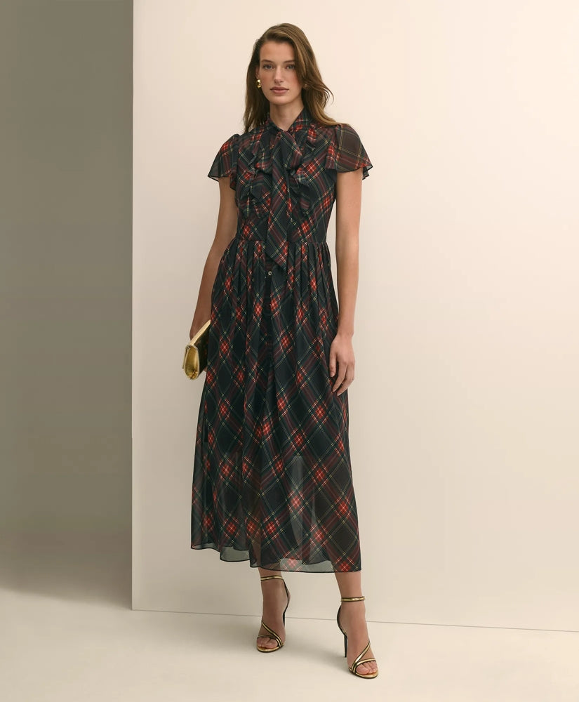 Chiffon Plaid Flutter-Sleeve Maxi Dress