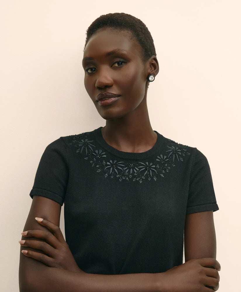 Merino-Wool-Cotton Blend Floral Embellished Short-Sleeve Sweater Shell
