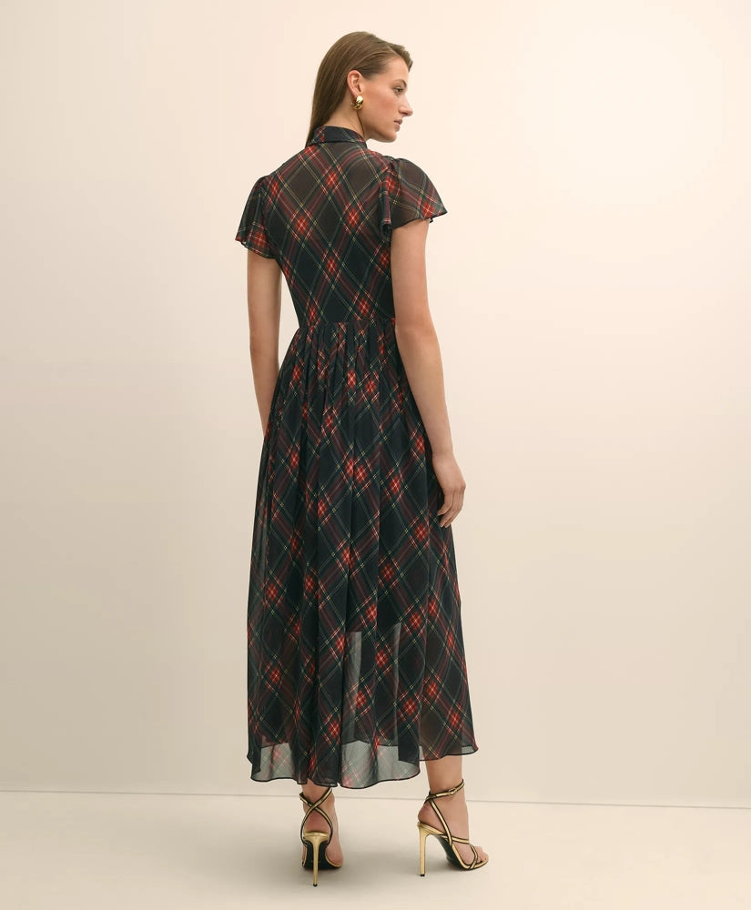 Chiffon Plaid Flutter-Sleeve Maxi Dress