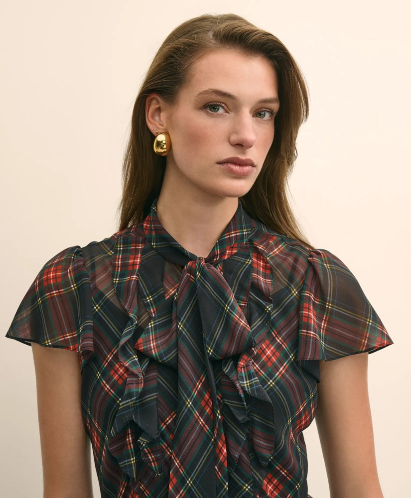 Chiffon Plaid Flutter-Sleeve Maxi Dress