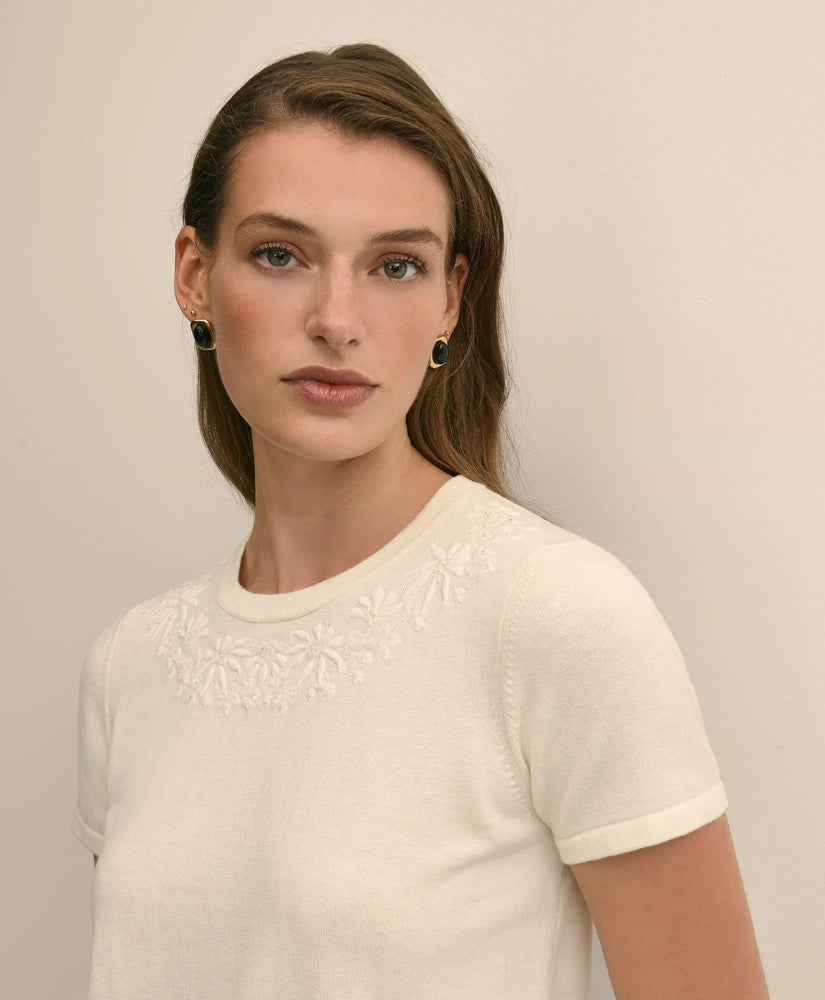 Merino-Wool-Cotton Blend Floral Embellished Short-Sleeve Sweater Shell