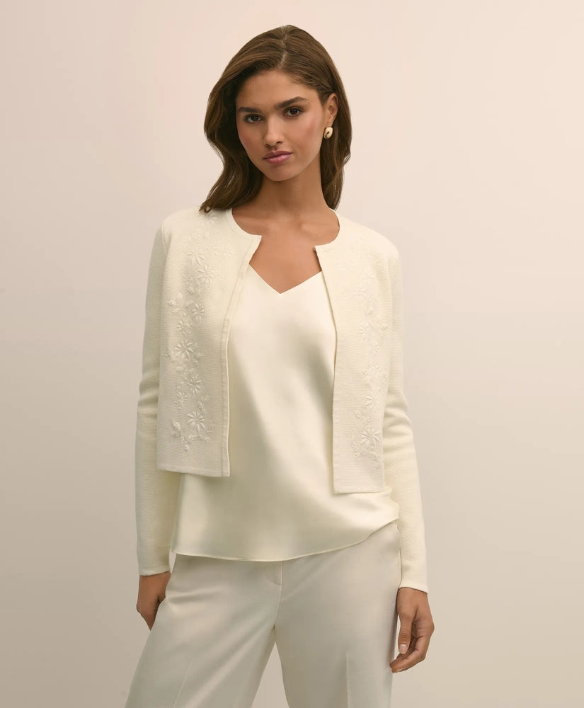 Merino-Wool-Cotton Blend Floral Embellished Cardigan