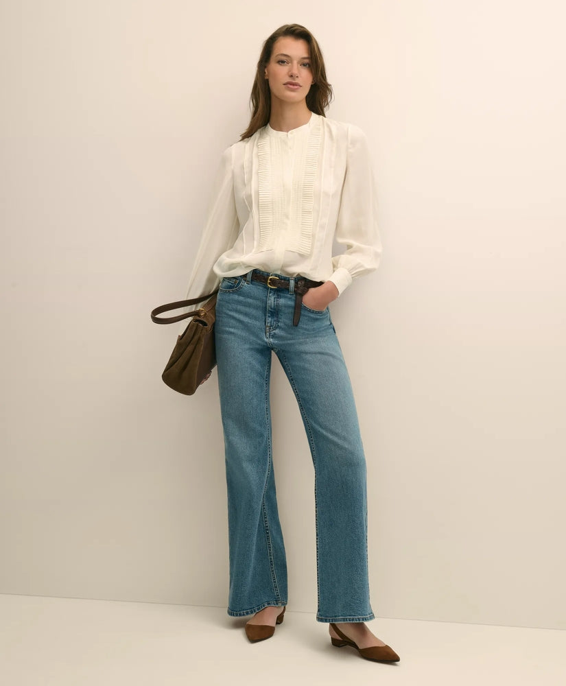 Silk Haboti Pintucked Band-Collar Blouse