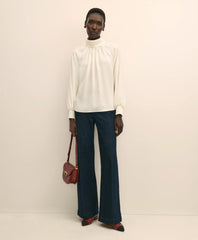 Crepe Band-Collar Relaxed Blouse