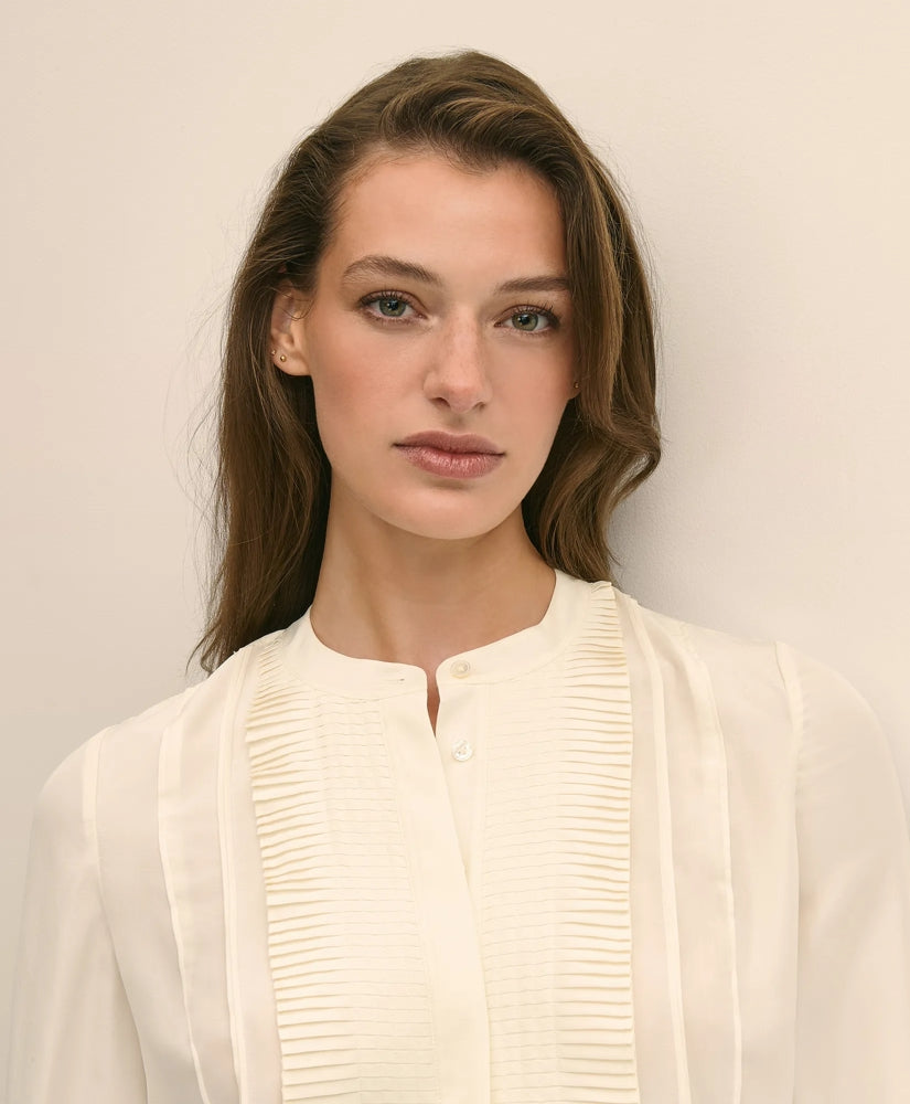 Silk Haboti Pintucked Band-Collar Blouse