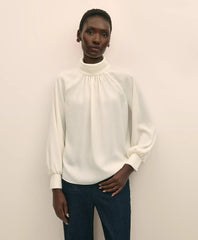Crepe Band-Collar Relaxed Blouse