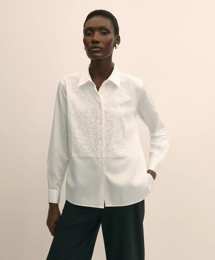 Cotton Sateen Relaxed Lace-Bib Shirt
