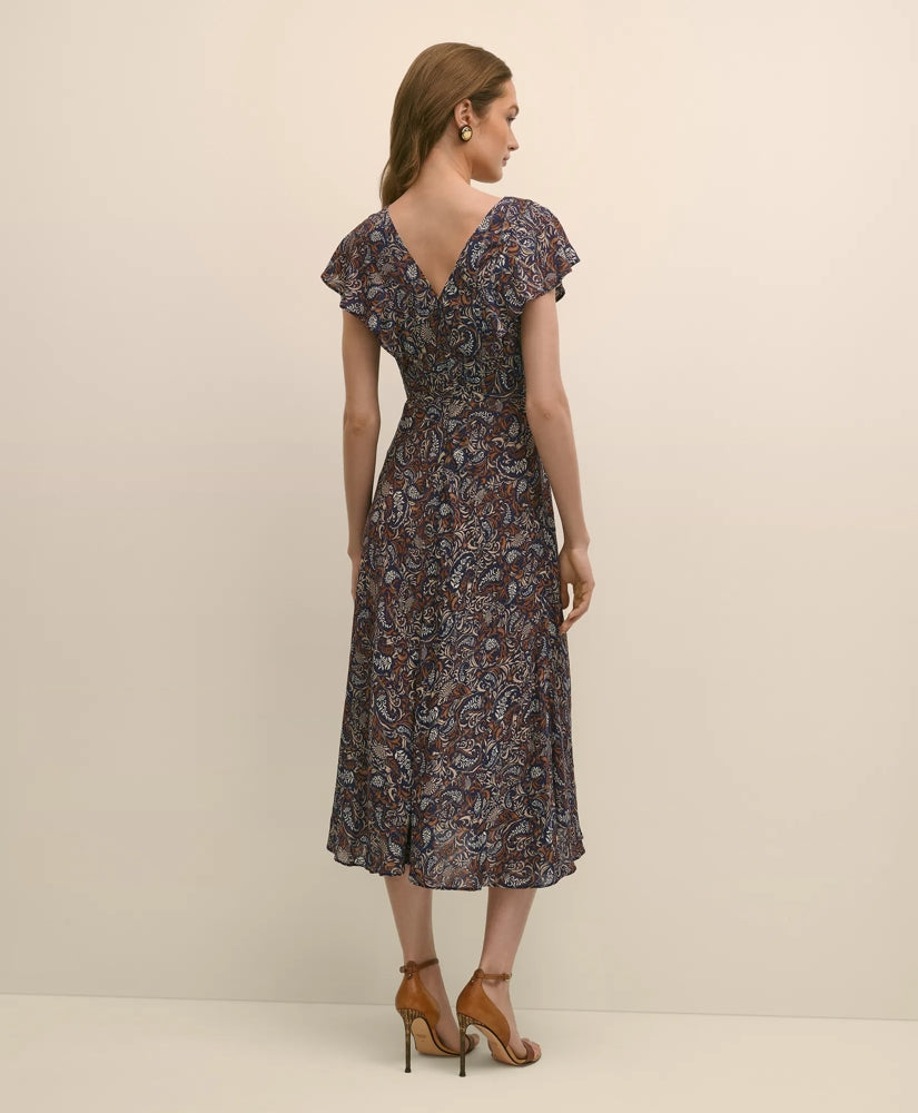 Paisley Shimmer Ruffle-Front Chevron-Stripe Dress