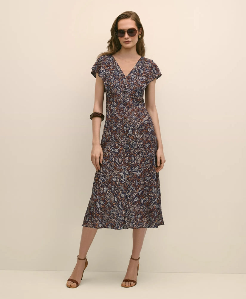 Paisley Shimmer Ruffle-Front Chevron-Stripe Dress
