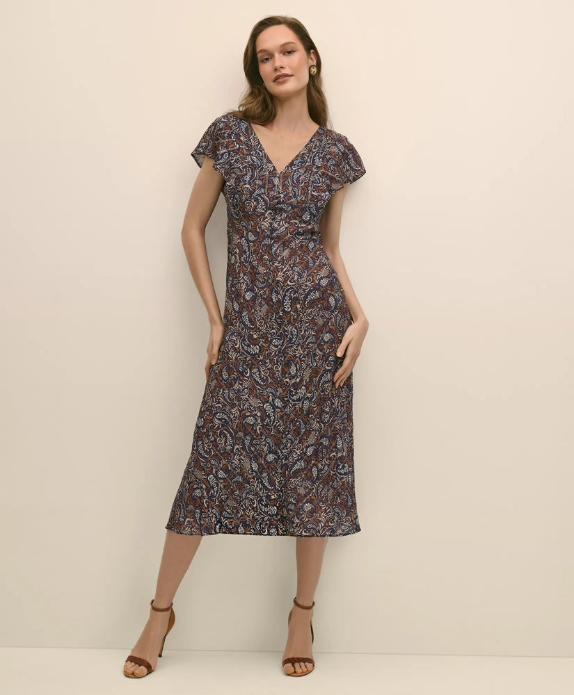 Paisley Shimmer Ruffle-Front Chevron-Stripe Dress
