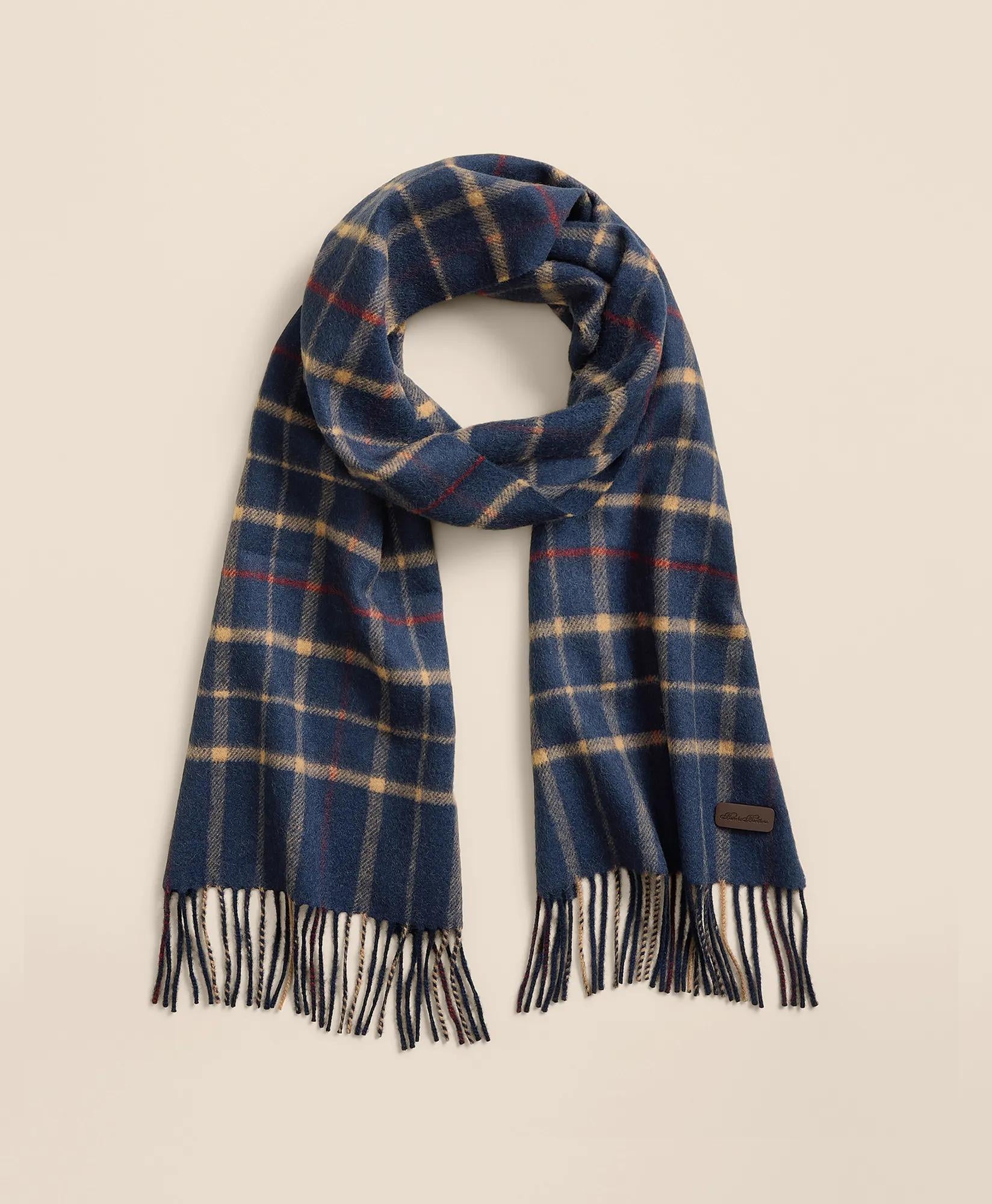 Plaid Camel Hair Windowpane Fringed Scarf