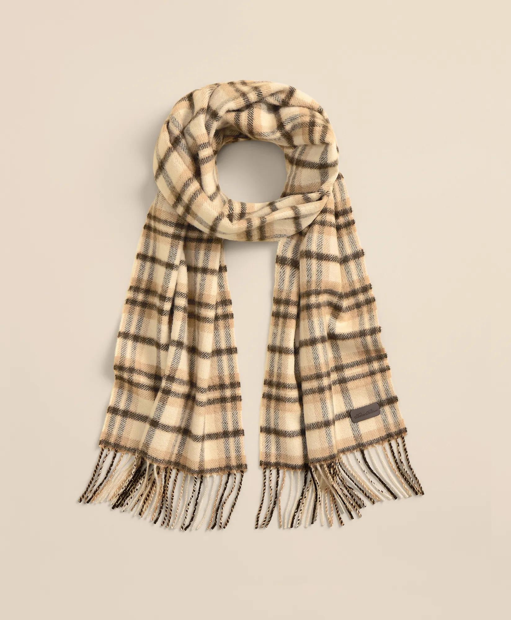 Plaid Camel Hair Windowpane Fringed Scarf
