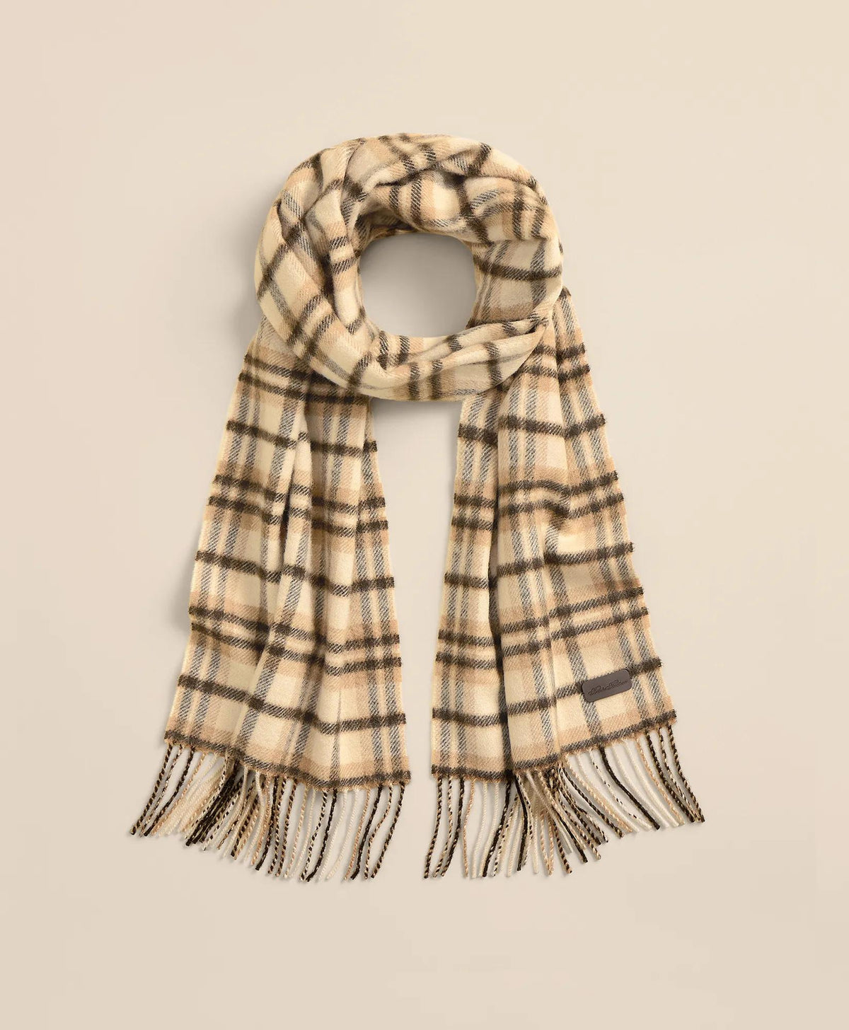 Plaid Camel Hair Windowpane Fringed Scarf