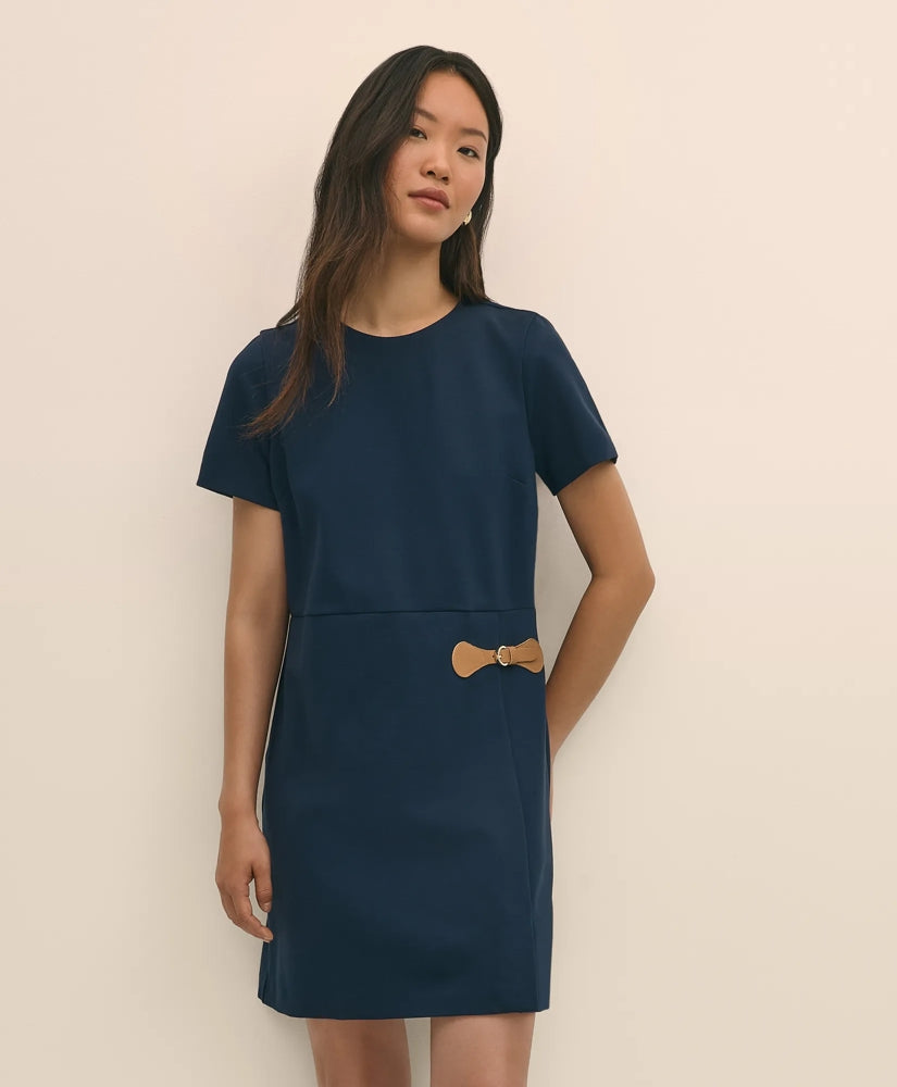 Ponte Short-Sleeve Mini Dress With Buckle Detail