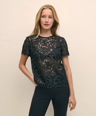 Relaxed Short-Sleeve Semi-Sheer Lace Top