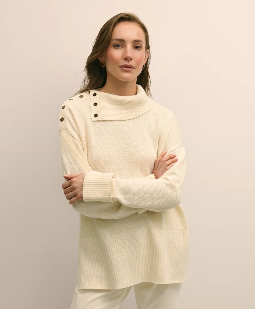 Relaxed Wool-Blend Foldover Snap Collar Sweater