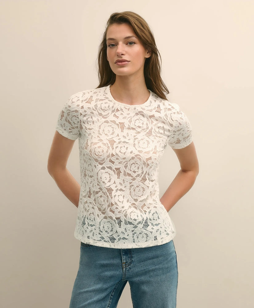Semi-Sheer Short-Sleeve Top in Floral Lace