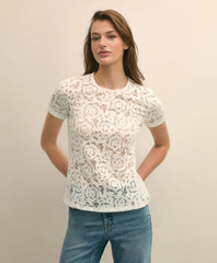 Semi-Sheer Short-Sleeve Top in Floral Lace