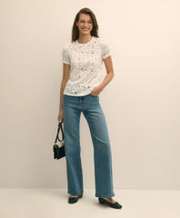 Semi-Sheer Short-Sleeve Top in Floral Lace