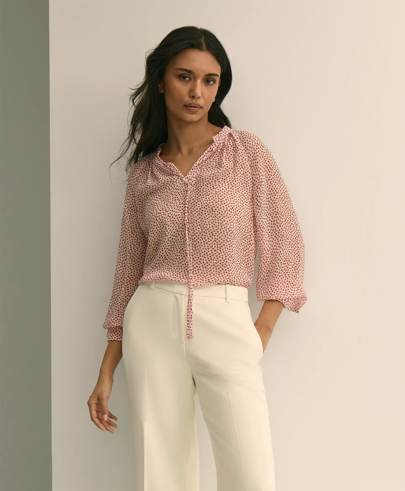 Silk Georgette Heart-Motif Peasant Blouse