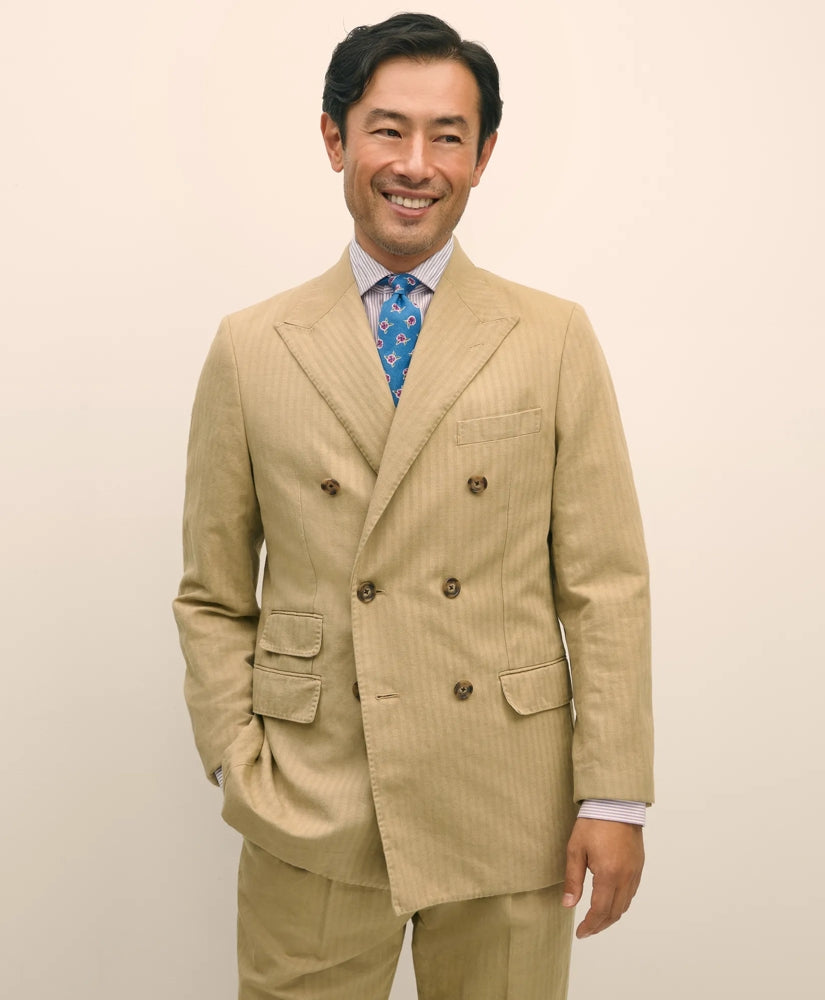 Slim Fit Cotton-Linen Herringbone Double-Breasted Suit Jacket